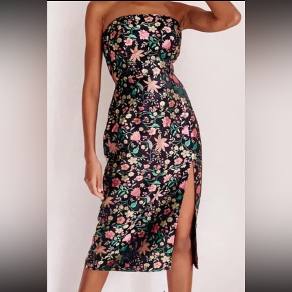 Lulus Dresses & Skirts - Lulu's Black Strapless Floral Midi Dress with Pink & Green Flowers